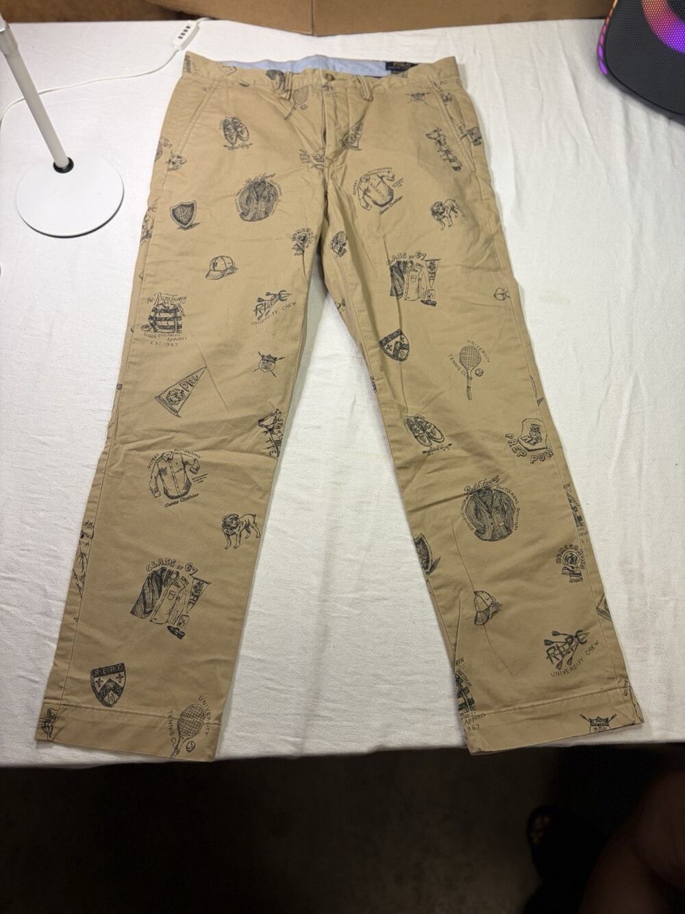 Polo Ralph Lauren University Print Chino Pants Men 33x30 Tan Stretch Straight